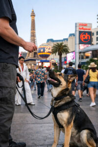 Reactive dog training Las Vegas: dog practicing calm heel walking near a busy sidewalk