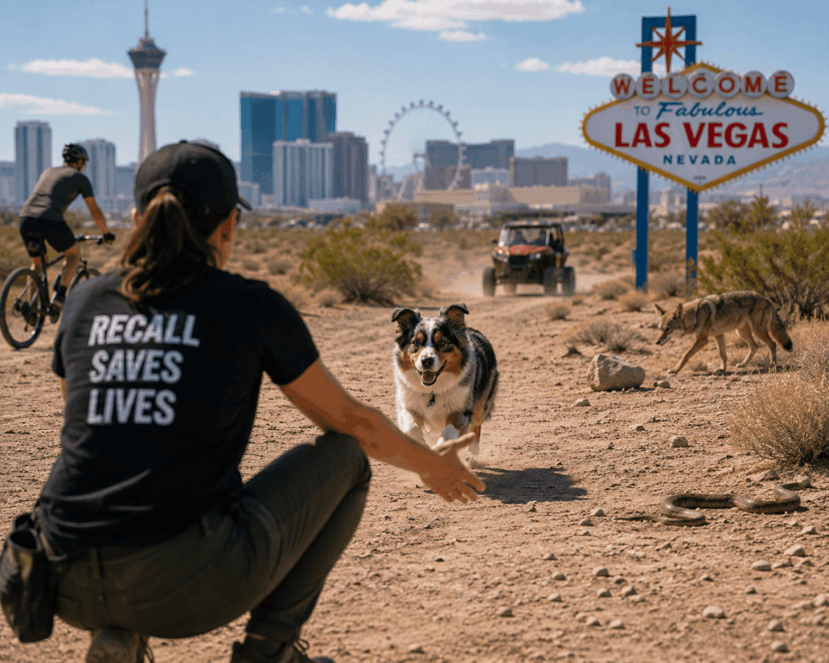 Dog practicing recall training Las Vegas desert environment with distractions